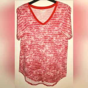LuLaRoe Irma Red white Striped Tunic Shirt High Low Short Sleeve Pull-Over Top L